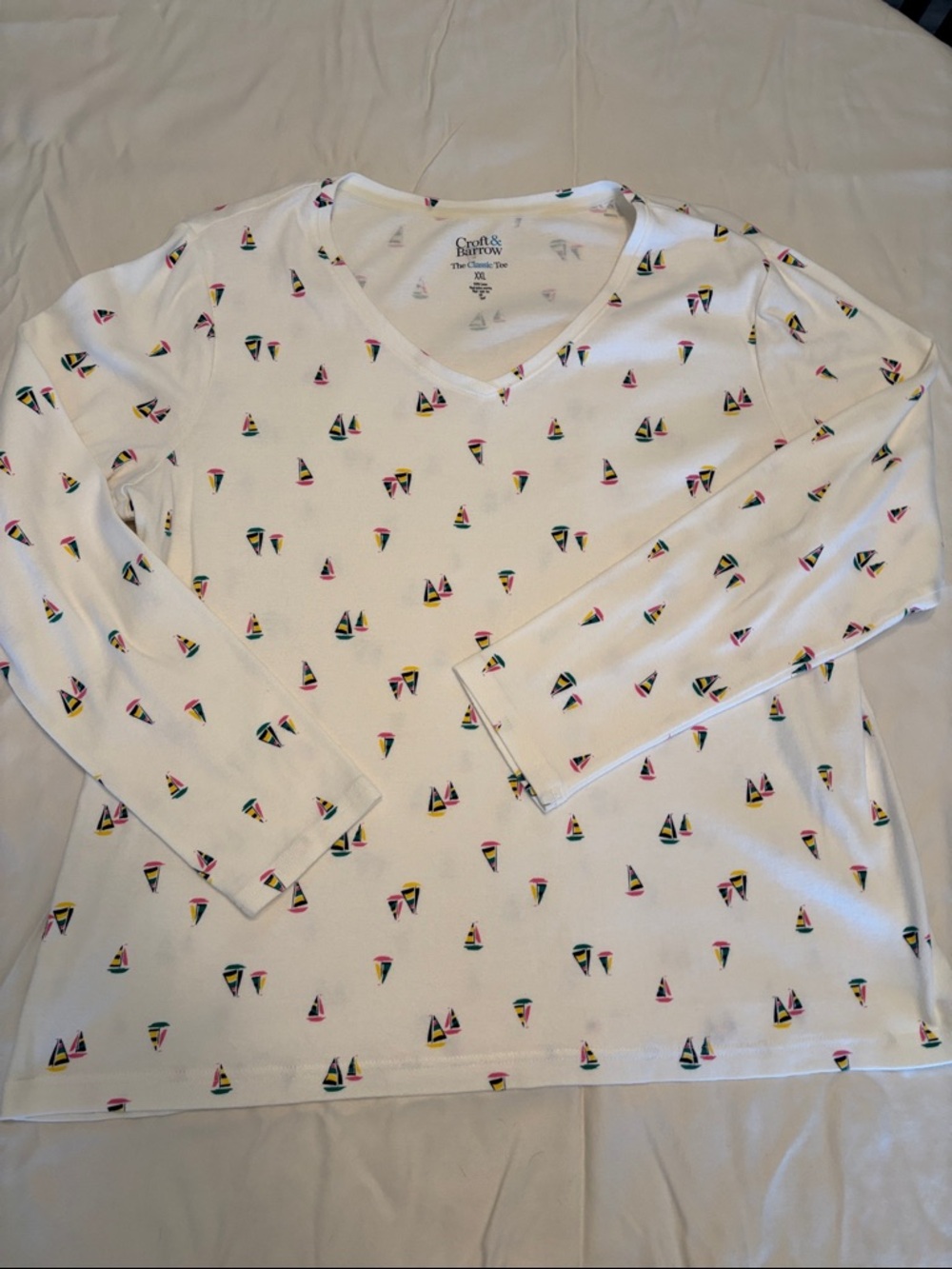 croft & barrow White V-Neck Long Sleeve Tee with Multicolor Sailboats